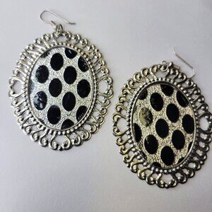 Silve and Black Oval Earrings Gold Filigree Oval Earrings Large Glitter Earrings